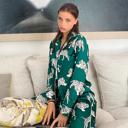 Animal Print Pajama Summer Nightwear Trouser Suits Satin Set Woman 2 Pieces Long Sleeve Sleep Tops Nightie Pajama
