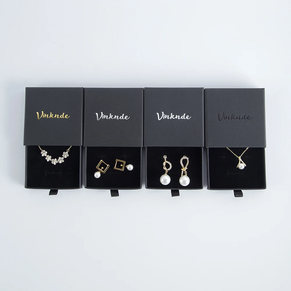 Luxury Black Cardboard Sliding Drawer Jewelry Packaging Boxes 6x6x2.5cm Custom logo Ring Earring Necklace Bracelet Storage Box