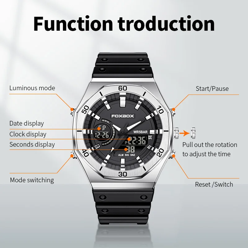 FOXBOX New Dual display Watches For Men Casual Sports Chronograph Quartz Big Dial Wrist Watch Silicone Waterproof Digital Clock - 2