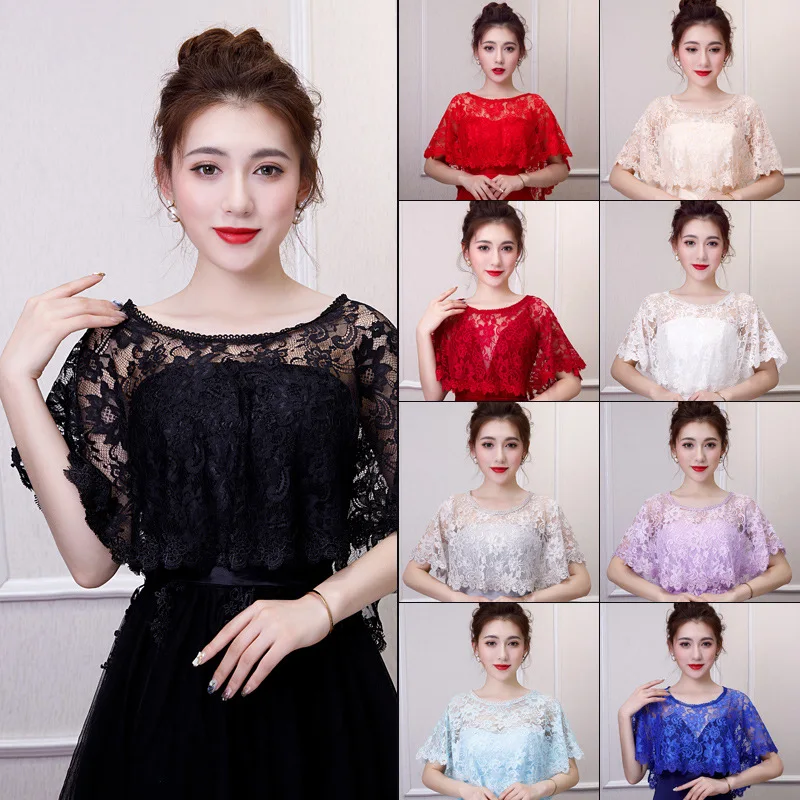 Elegant Bridal Lace Shawl Women Summer Evening Party Wedding Dress Cape Femme Mariage Lace Mesh Bridal Shawls Wraps Korean Style kawaii fingerless elastic mesh glove with bow women lolita jk lace flocked diy shawl sunscreen sleeve clothes party accessories