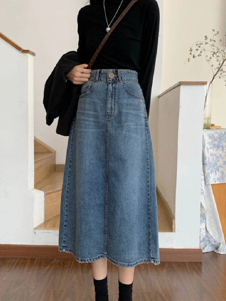 

Женские винтажные джинсовые юбки для офиса, синяя ностальгическая юбка, модная дизайнерская джинсовая юбка с разрезом сзади, юбки с высокой талией и карманами