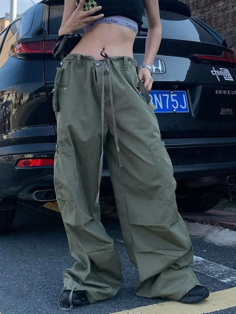 

Women Cyber Y2K Vintage Pockets Cargo Trousers Oversize Wide Leg Joggers Edgy Style Harajuku Army Green Low Rise Parachute Pants