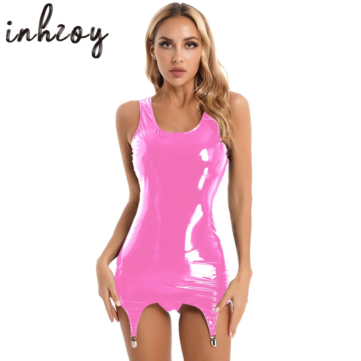 

Womens Wet Look Patent Leather Tank Dress Clubwear Wide Shoulder Strap Sleeveless Bodycon Dresses with Metal Clips