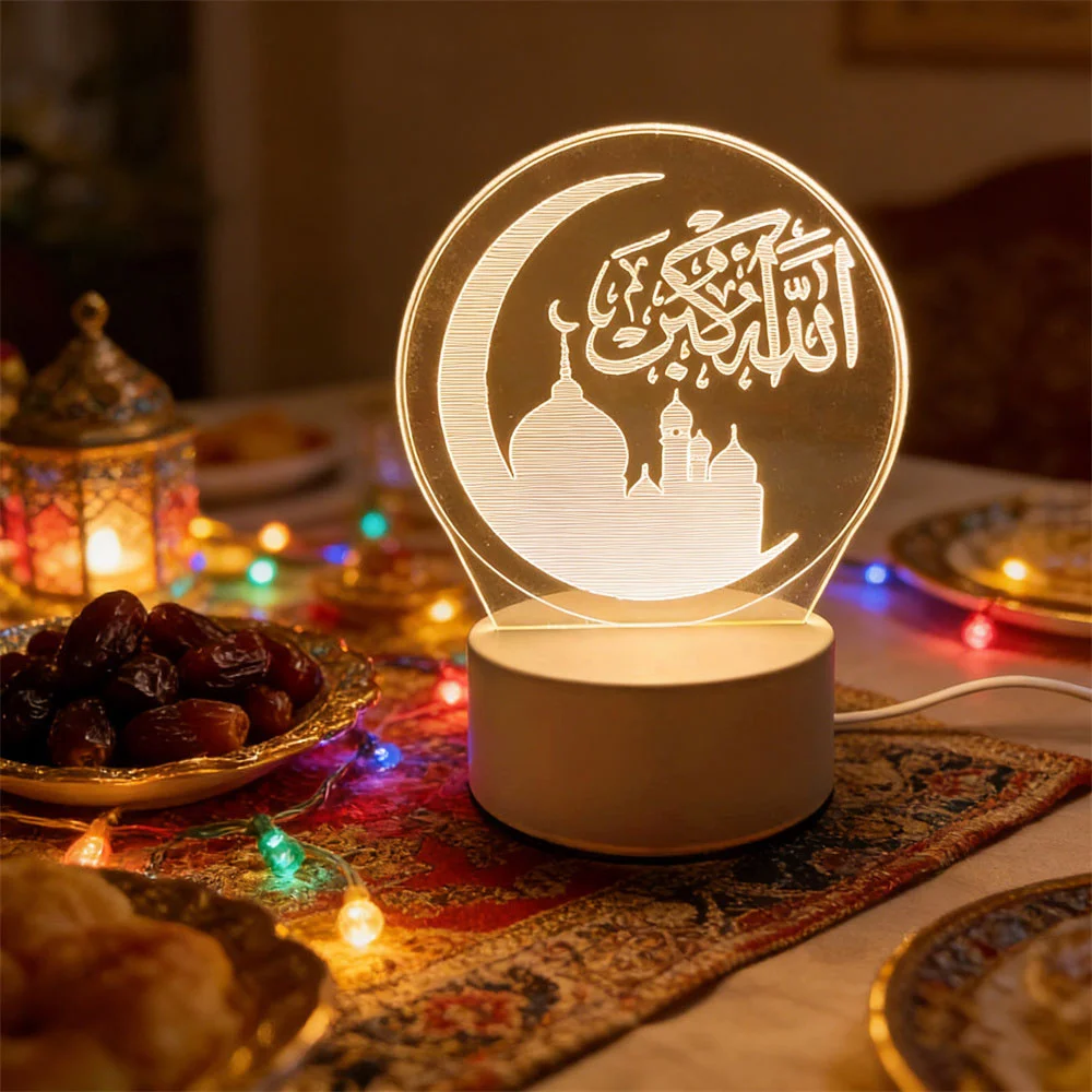 LED Night Light with 3D Moon Castle Design - Acrylic Eid Mubarak Ornament for Holiday and Festival Decor