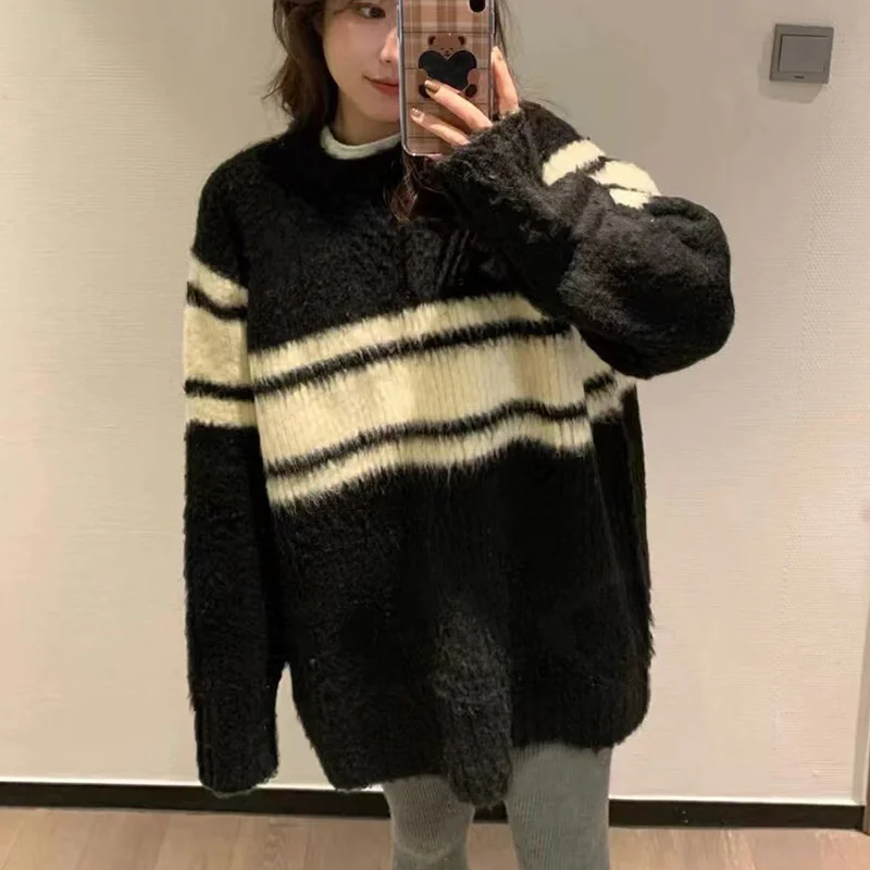 

Korean 2022 Cel Winter Women Loose Caidigan Pullover Top Long Sleeve Wool O-Neck Matching Color Oversized Sweater High Street