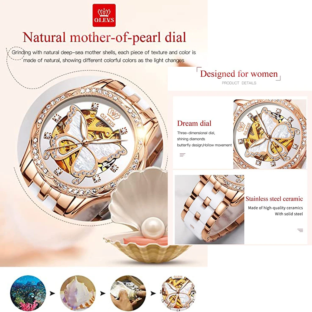 OLEVS Women's Automatic Watches Skeleton Mechanical Ladies Elegant Luxury Dress Butterfly Diamond White Ceramic Band Watch Gift