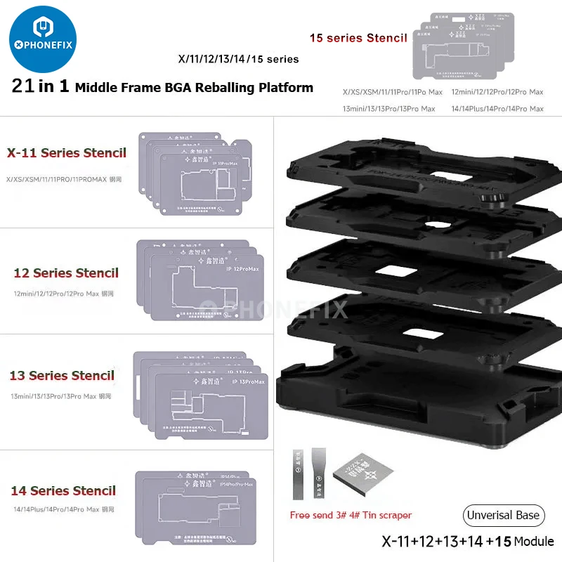 

XINZHIZAO XZZ 21 IN 1 iPhone X~15 Pro Max Mini Motherboard Middle Layer Board Plant Tin Platform 3D BGA Reballing Stencil Kit