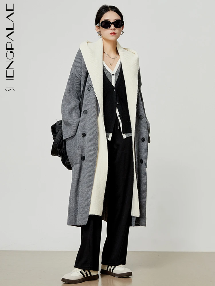 

SHENGPALAE Fake 2 Piece Knit Trench For Women Fashion Hooded Double Breasted Temperament Windbreaker Autumn 2023 New Coat 5R6526