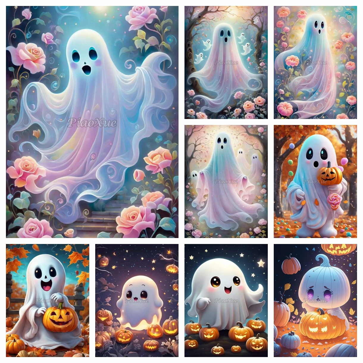 Diamond painting Halloween funny ghost and flower pumpkin Moonlight mosaic set Diamond embroidery cross stitch art decor gift