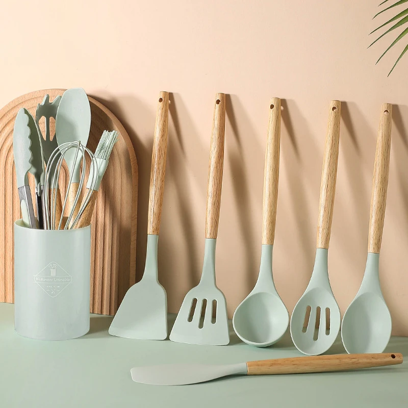 Cooking Silicone Kitchen Tool Set with Light Wood Handle 12-Piece Set non-stick Pan Brush and Fork Silicone