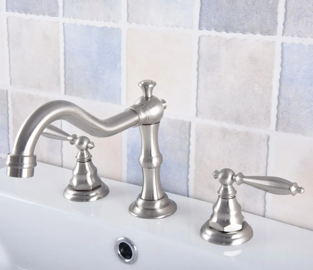 

Deck Mounted Brushed Nickel 8" Widespread 3 Hole Basin Faucet Dual Handles Bathroom Tub Sink Mixer Taps Lnf691