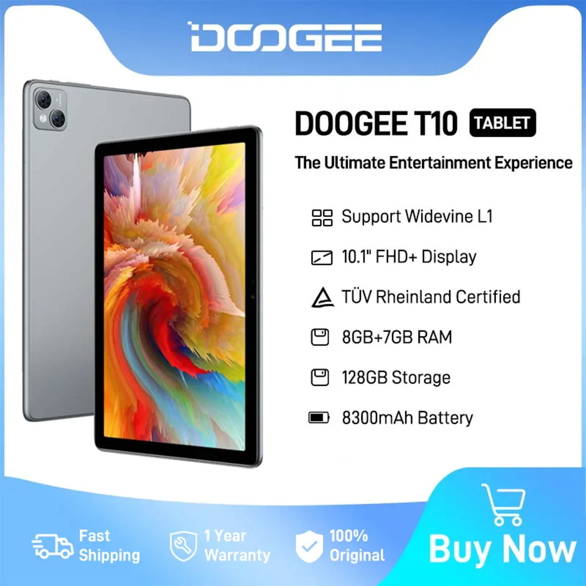 

DOOGEE T10 Tablet 10.1" FHD+ TÜV Rheinland Certified Display 8GB 128GB Octa Core Widevine L1 13MP Camera Pad 8300mAh Android 12