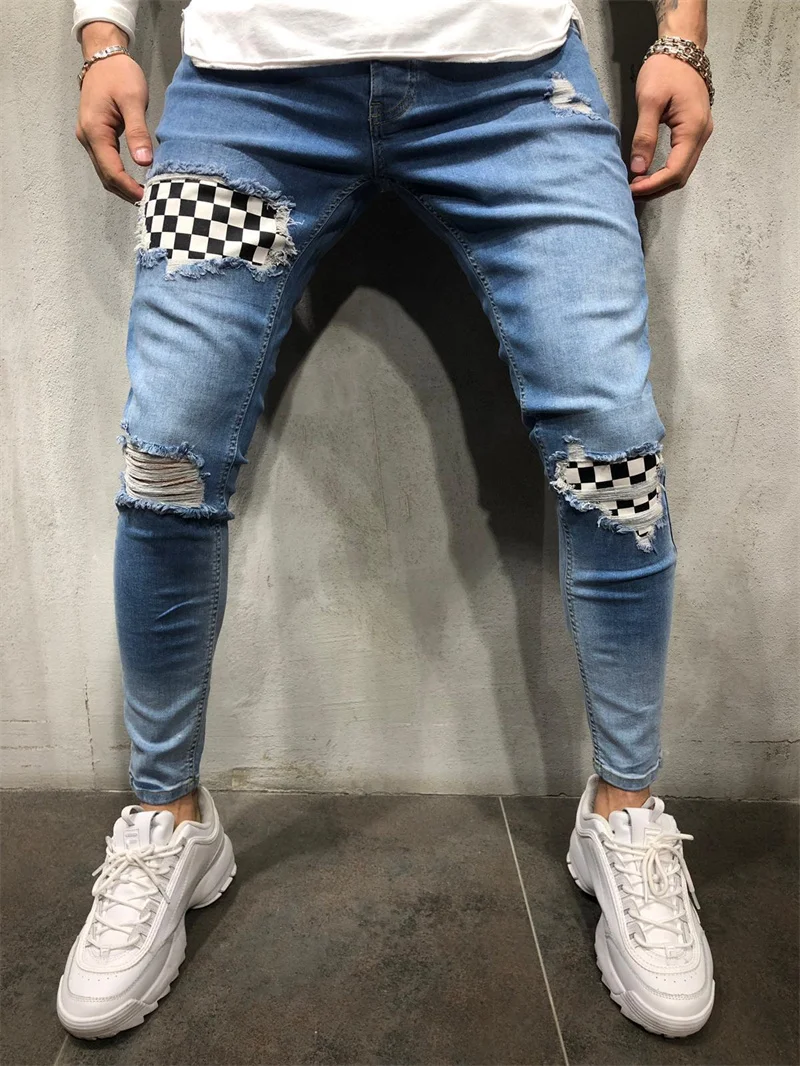 

Fashion Black White Plaid Splicing Cloth Jeans Youth Men Casual Checkerboard Print Broken Holes Four Seasons Pencil Denim Pants