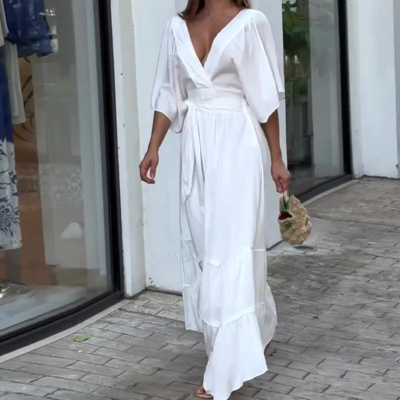

Elegant Short Sleeve Loose Party Dress 2024 Commute V-neck High Waist A-line Dress Spring Fashion Tie-up Solid Color Long Dress