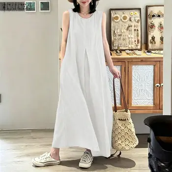 ZANZEA Women's Casual Sleeveless Maxi Dress O-Neck Inverted Pleat Detailing Solid Color Long Dresses Summer Loose Robes Femme 1