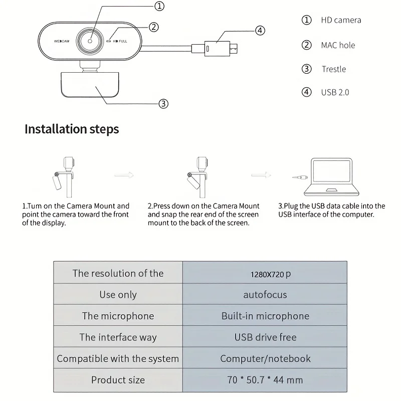 PC Webcam HD 720P Mini USB Plug Rotatable For Live Broadcast Video Calling Conference Work