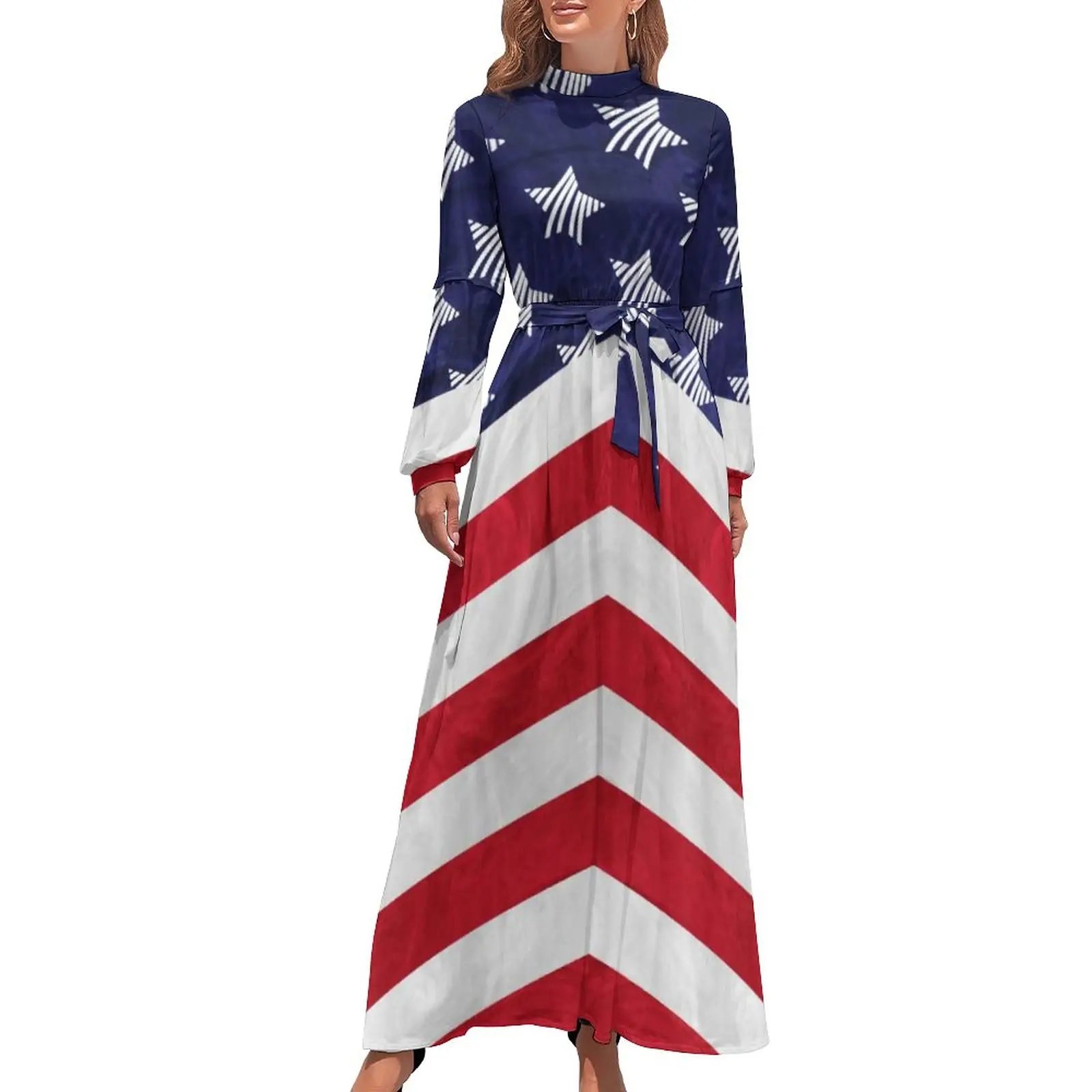 

Патриотическое платье с американским флагом, белое, синее элегантное платье макси с принтом звезд, уличная одежда с высокой талией и длинным рукавом, богемные длинные платья