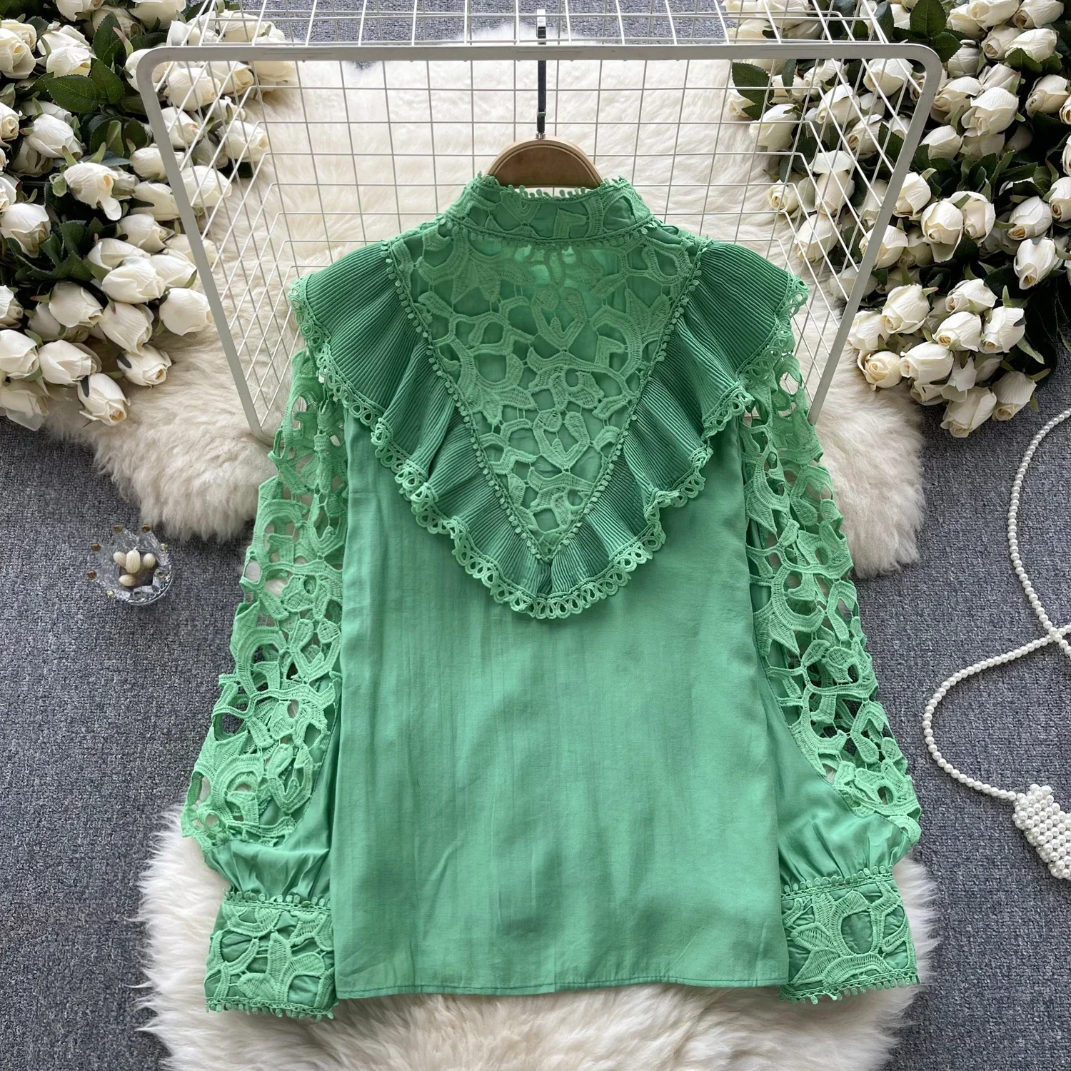 Frenchic-camisetas de ganchillo para mujer, camisa de un solo pecho, cuello levantado, manga farol, volantes, hueco, estilo corte - Image 4