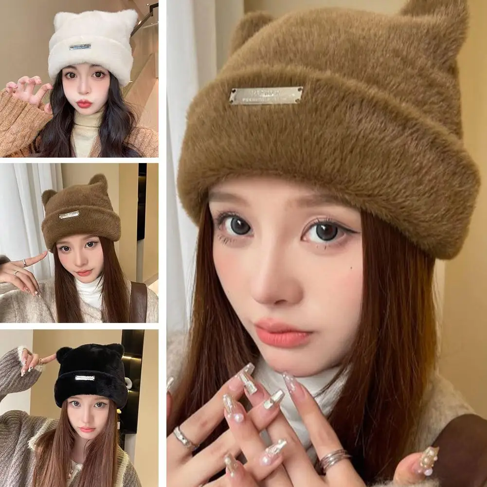 Lovely Iron Label Decorative Beanie Hat With Ears Warm Plush Cat Beanie Winter Faux Fur Elastic Knitted Hat Women Outdoor women hat woolen hat led beanie hat