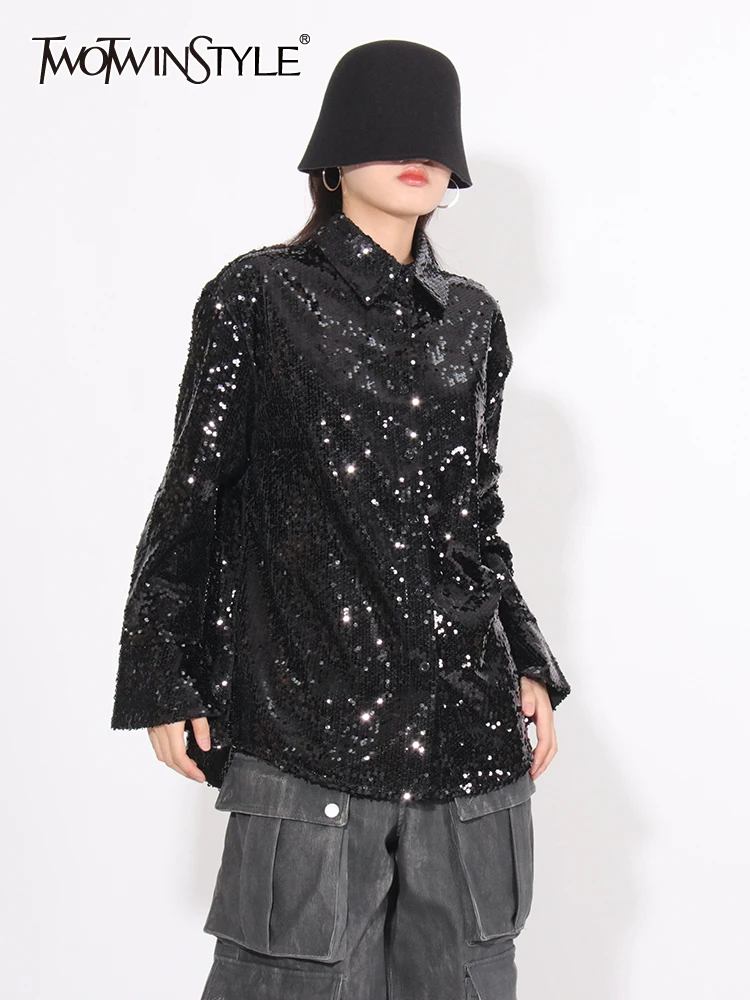 

TWOTWINSTYLE Patchwork Sequins Chic Shirt For Women Lapel Long Sleeve Spliced Single Breasted Casual Blouse Female Fashion New