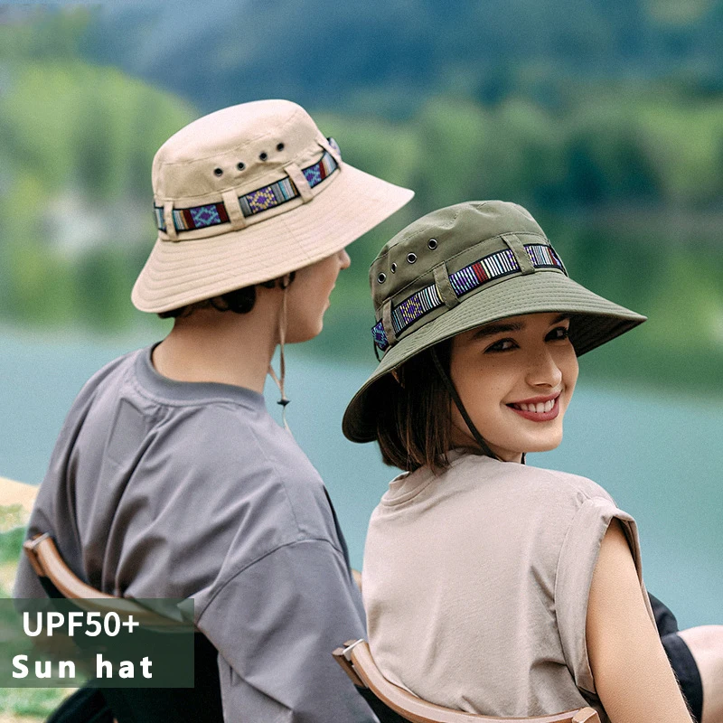 

Unisex Summer Sun Hat Breathable Quick-drying Men Bucket Cap Ethnic Colourful Belt Women Basin Cap Couple Hiking Fishing Panama