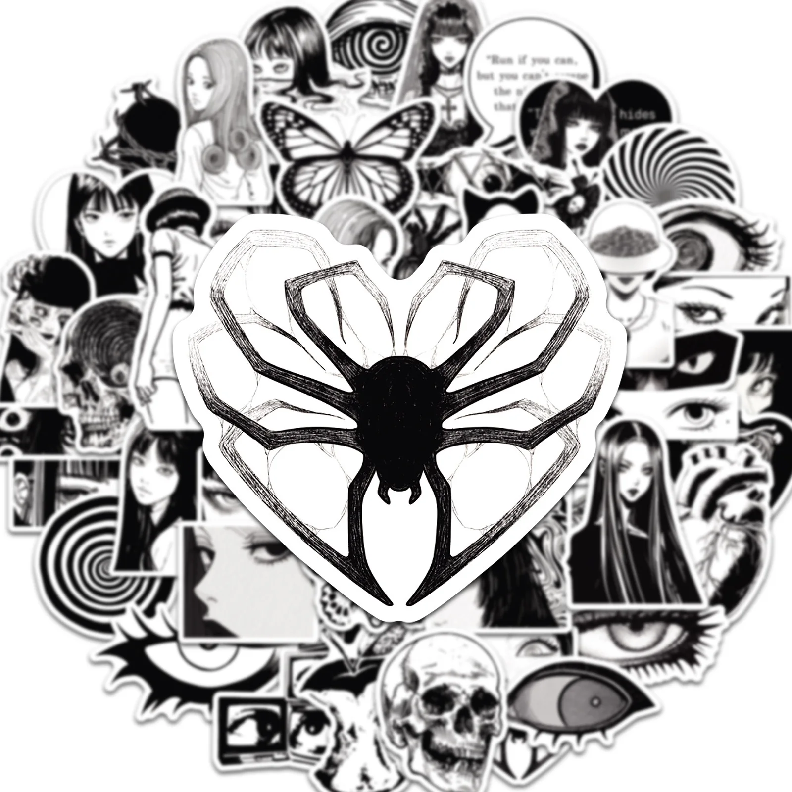 50PCS Ins 스타일 애니메이션 블랙 화이트 호러 소녀 스티커 미적 DIY 스크랩북 노트북 수하물 노트북 스케이트 보드 자동차 스티커