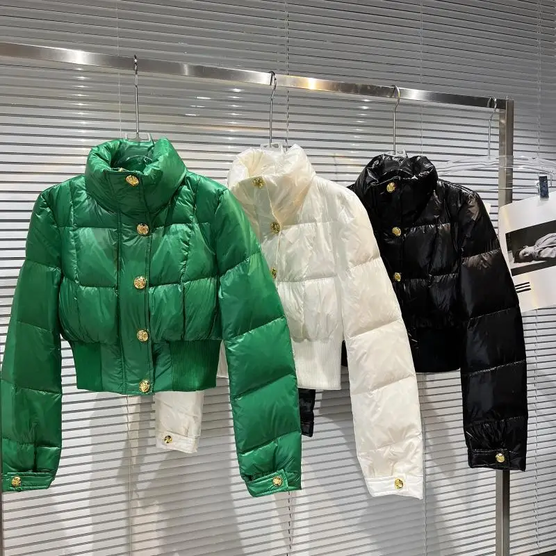 

Retro Metal Buckle Slim Waist Stand Collar Long Sleeve Short Down Coat Solid Warm Luxury White Duck Down Jacket 2022 Winter Coat