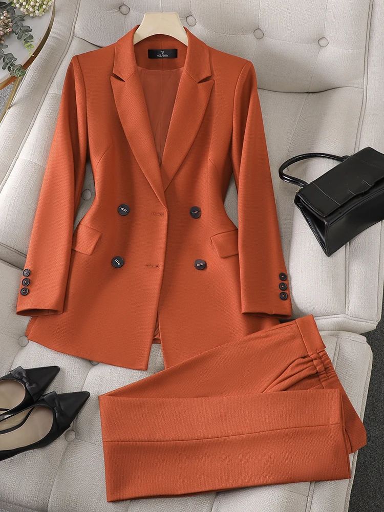 

Women Blazer and Pant Suit Office Ladies Business Work Wear 2 Piece Set Brown Blue Red Female Long Sleeve Jacket And Trouser