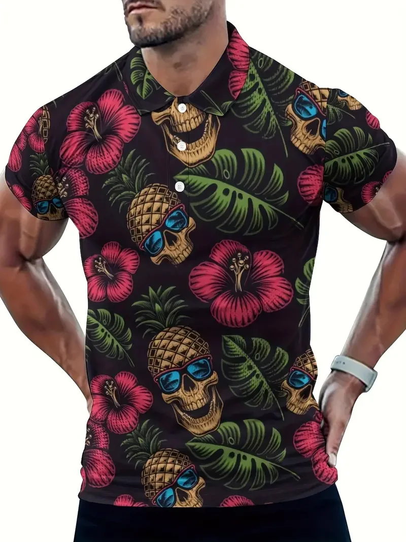 

Floral Print Lapel Golf Shirt - Breathable, comfortable, slightly stretchy, polyester jersey fabric - Casual Beach Style Top Men
