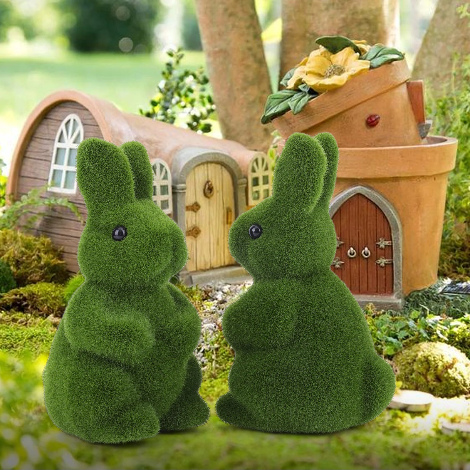 Artificial Moss Bunny Figurine Decorative Statue for Patio Garden