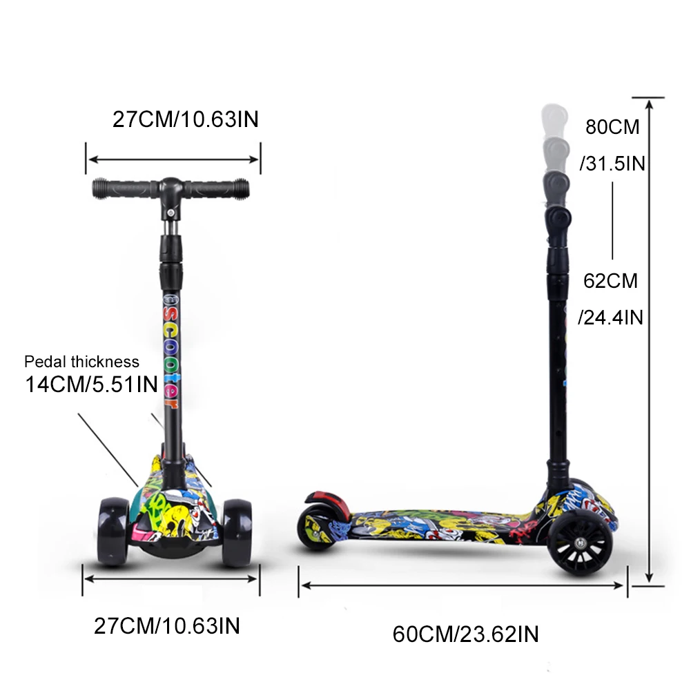 Foldable Kick Scooter Light-Up Wheels 3 Wheel Scooter Adjustable Height Kids Push Non-Slip Deck for Children Ages 2-10