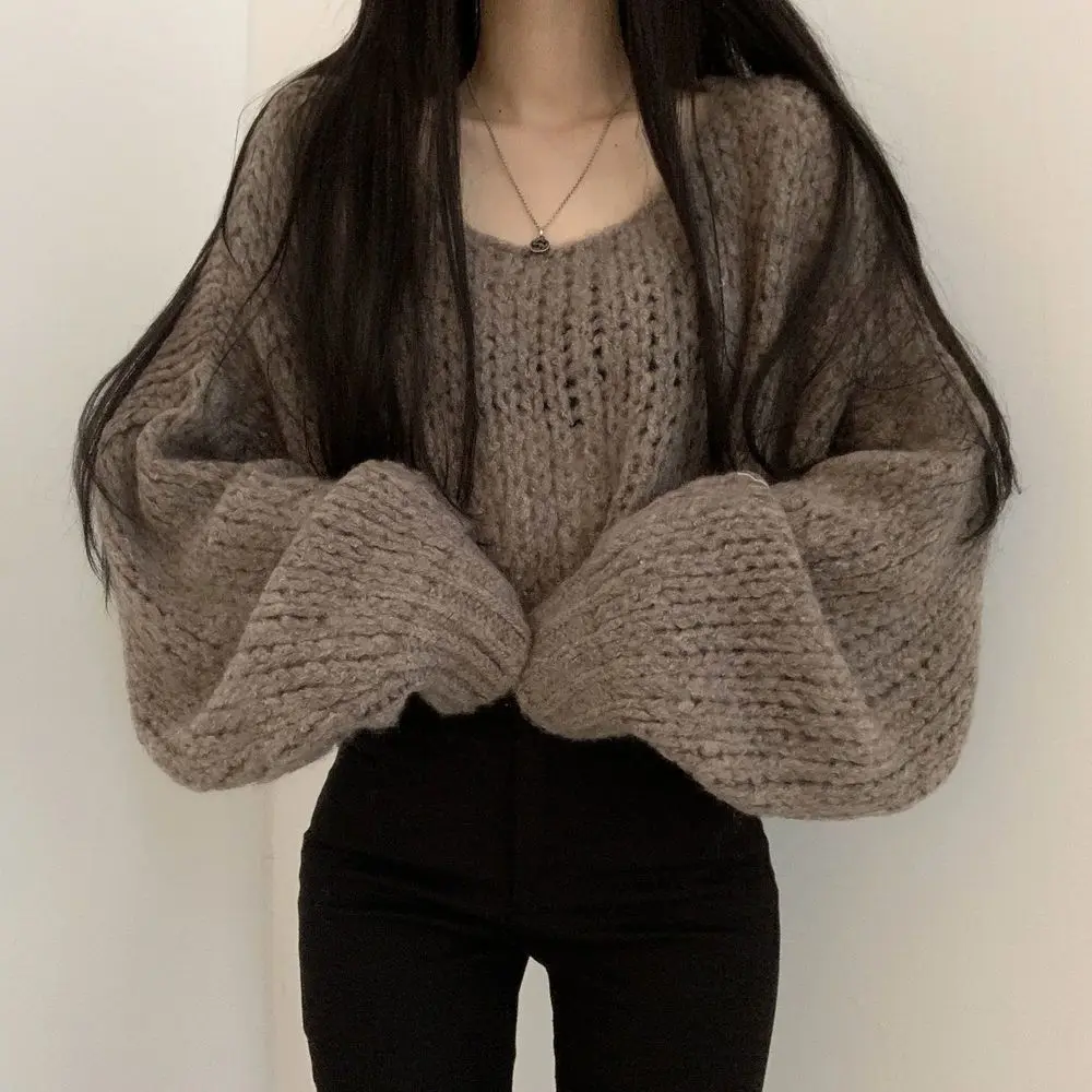 Oversized Sweaters for Women 2023 Pull Femme  Clothes O-neck Lantern Sleeve Casual Jumper Knitted Korean Cropped Pullovers