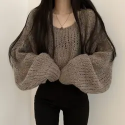 Oversized Sweaters for Women 2023 Pull Femme  Clothes O-neck Lantern Sleeve Casual Jumper Knitted Korean Cropped Pullovers
