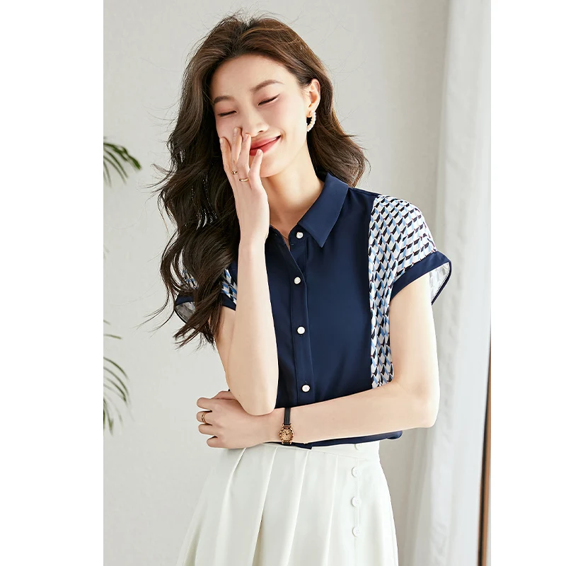 Women Summer Patchwork Printed Chiffon Shirts Short Sleeve Fashion Loose Elegant Vintage Tops Office Lady Commute Casual Tops