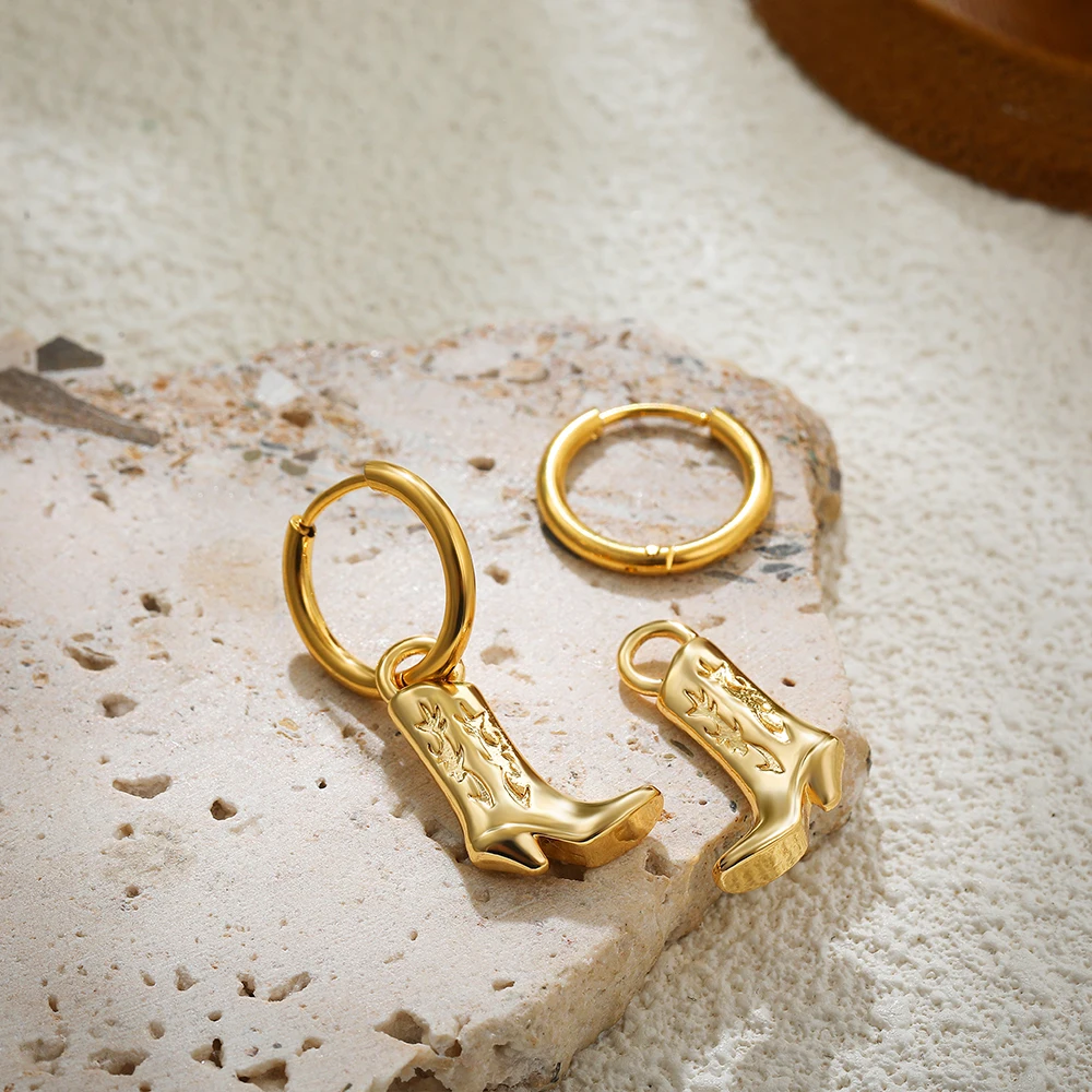 Stainless Steel Cowboy Boot Pendant Shoe Shape Dangle Earrings for Women Gold Plated Geometric Cool Cowgirl Ear Hoops Jewelry