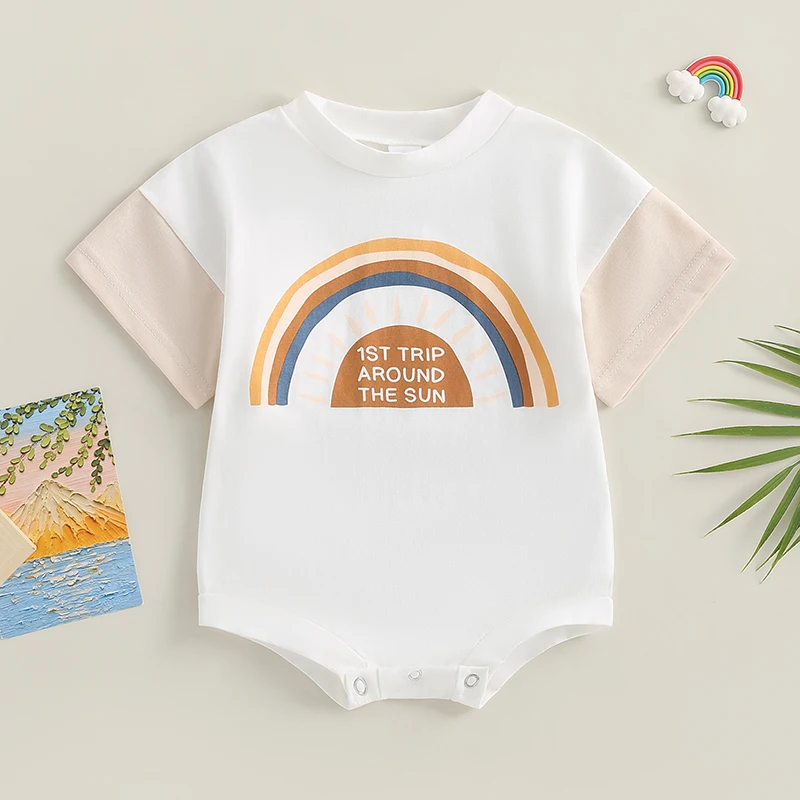 

Fashion Summer Newborn Baby Boys Girls Rompers Clothes Contrast Color Rainbow Print Short Sleeve O-neck Jumpsuits Playsuits