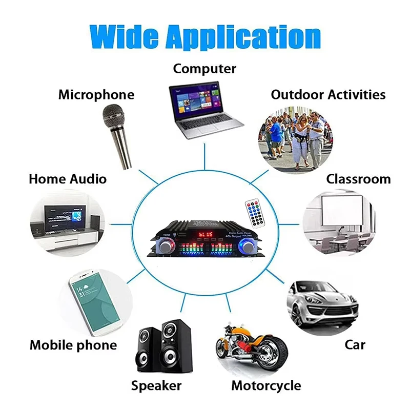 Audio Amplifier 4 Channel 1600W Peak Power Digital Bluetooth Karaoke Player FM Radio Remote Control