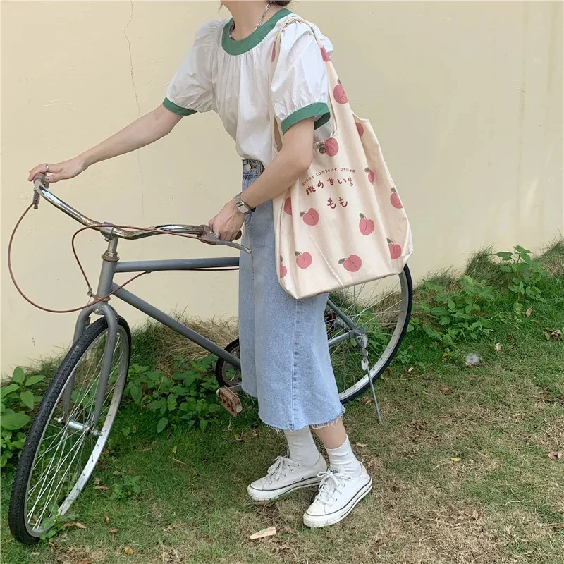 Strawberry Tote Bag Shopper Handbag School Girls Purses Japanese Women Peach Print Eco Shoulder Bags leather handbag women handbags