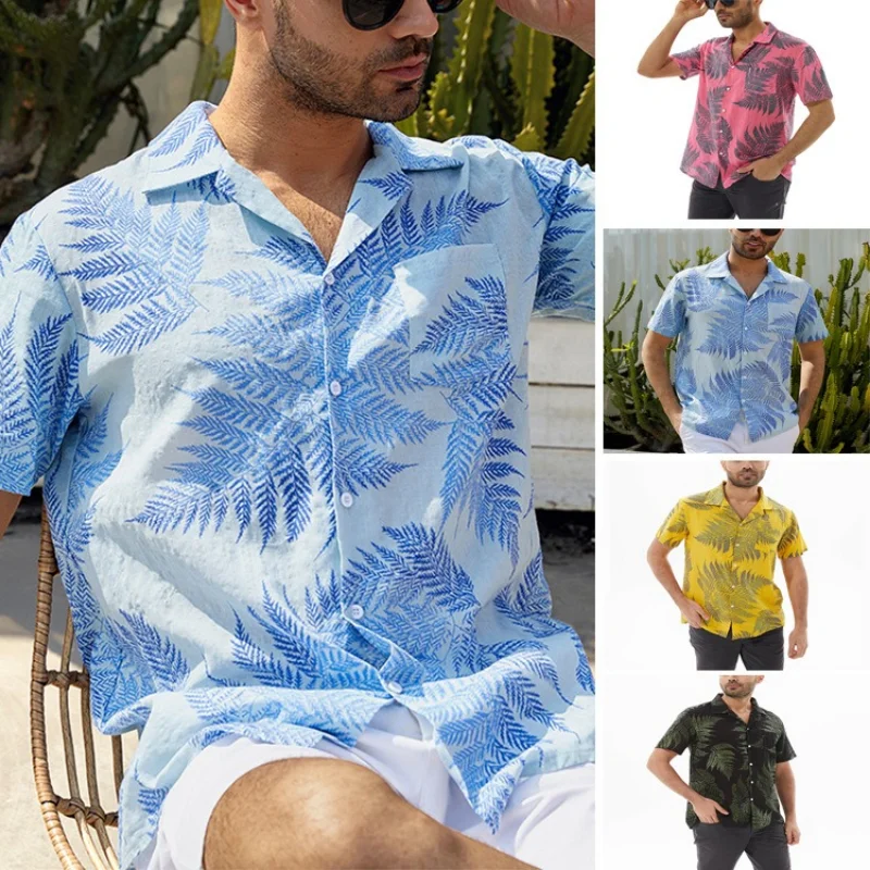 

Leaf Print Short-sleeved Shirt Men's Casual Loose Beachwear Maple
