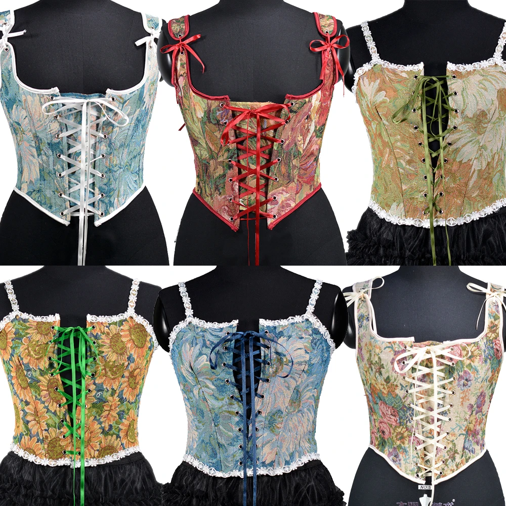 gasa＊Flora embroidery corset Flora Prints Abdomen Corset Vintage Tight Tops Shaping Vest