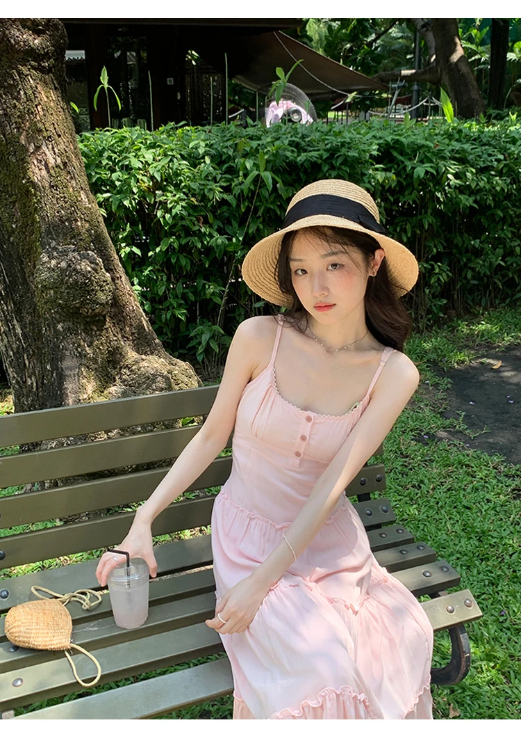 French Elegant Dresses for Women Solid Spaghetti Strap Summer New Ruffles A-line Casual Korean Chic Midi Vestidos Mujer