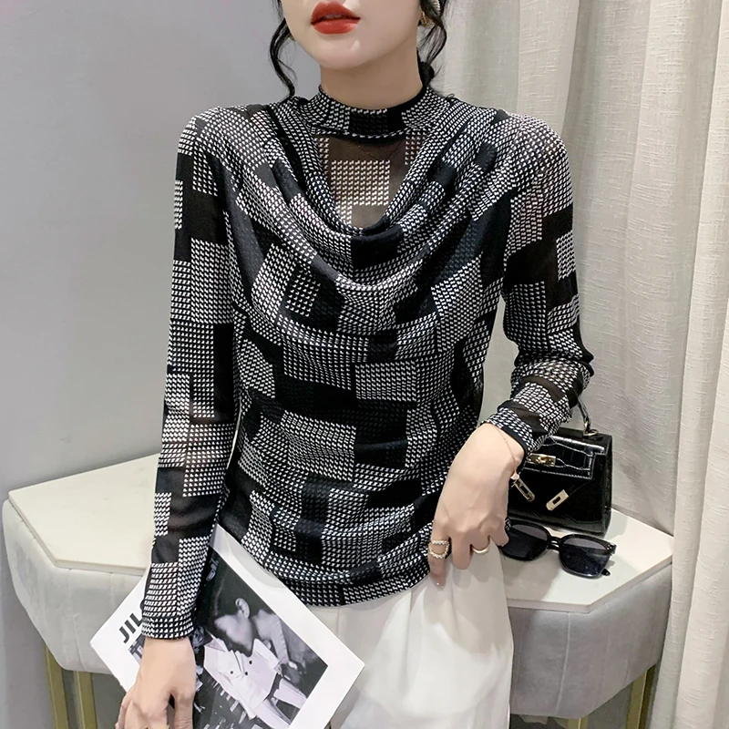 

Fall Winter European American Clothes Thin Mesh T-Shirt Sexy Print Heaps Collar Women Tops Long Sleeve Bottoming Shirt Tees 9518