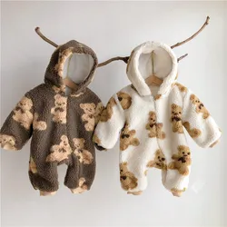 Combinaisons chaudes d'hiver pour nouveau né, barboteuse épaisse en polaire imprimée ours de dessin animé, vêtements chauds pour bébés garçons et filles en bas âge 