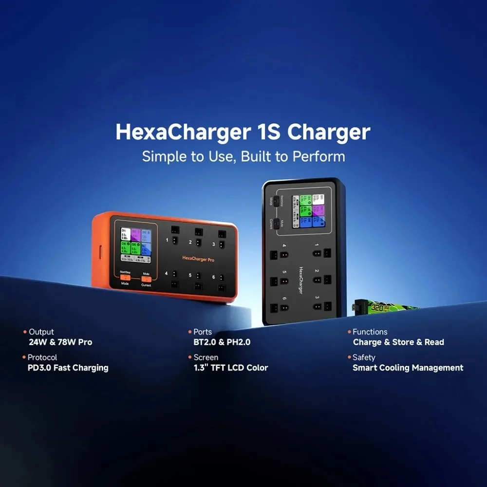 Détail des connecteurs BT2.0 et PH2.0 sur le chargeur HexaCharger Pro 1S 6 ports 78W PD 3.0