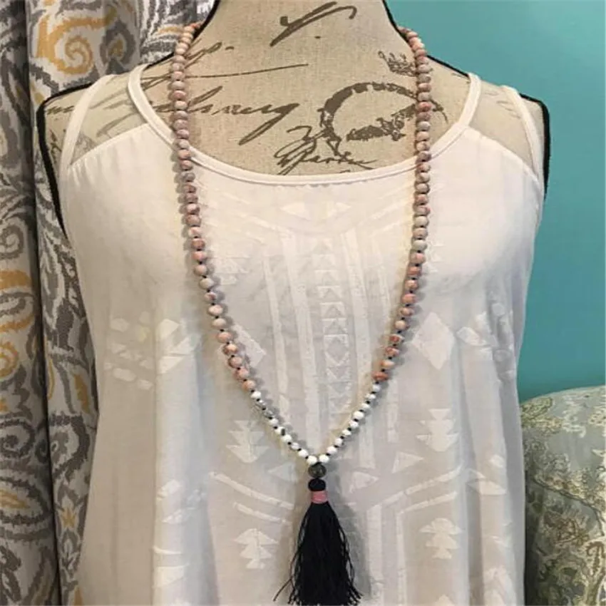 8mm Rhodochrosite Gemstone Howlite Tassel Mala Necklace Stone Metal Prayer Trendy  Meditation Lariat Spiritual Men 108 Beads