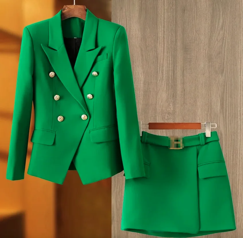 Harley Fashion Gorgeous Design Women 2PCS Blazer Suits Solid Color Summer Blue Skirt Twin Sets Mini Street Clothing for Lady