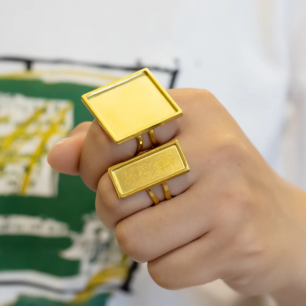 2 Stück Edelstahl-Fingerrohlinge, Ring-Lünette, verstellbare quadratische rechteckige Basis für DIY-Glasharz-Cabochons, Schmuckherstellung – Detail 3