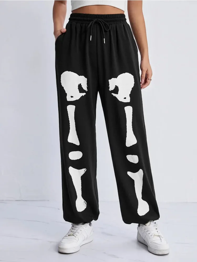 

2023 Dark Skeleton Printed Mall Gothic Casual Sweatpants Shirring High Waist Grunge Aesthetic Pants Women Halloween Alt Trousers