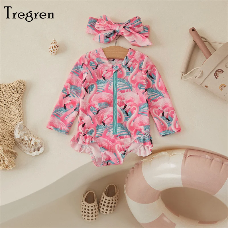 

Tregren Toddler Baby Girls Rash Guard Swimsuit Romper Flamingo/Flower Print Zipper Long Sleeve Sun Protection Beach Bathing Suit