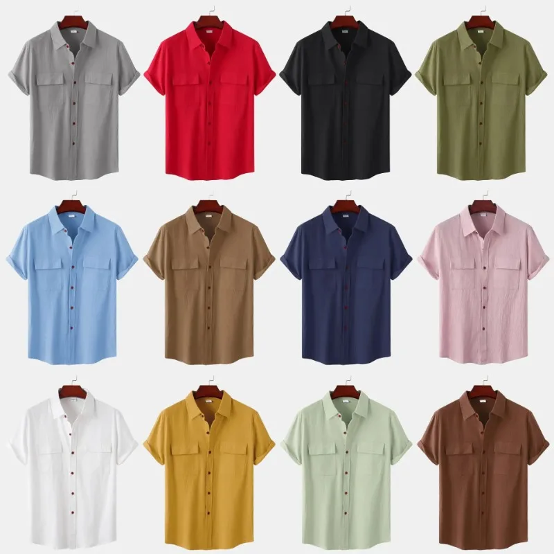 

Men's Cotton Linen Summer Short Sleeve Shirt Solid Color Breathable Hawaiian Beach Male Shirts Casual Blouse for Men Business